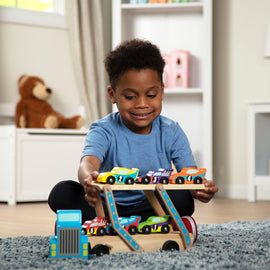 Melissa & Doug Mega Race-Car Carrier - Wooden Tractor and Trailer With 6 Unique Race Cars - 0