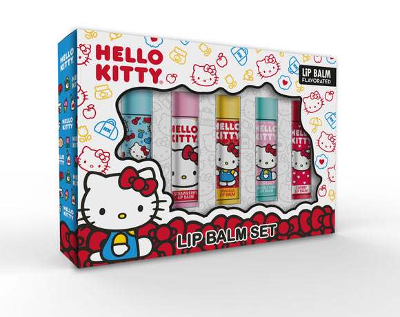 Hello kitty 5 lip balm flavoured set cherry, bubble gum, vanilla, strawberry and sugar.