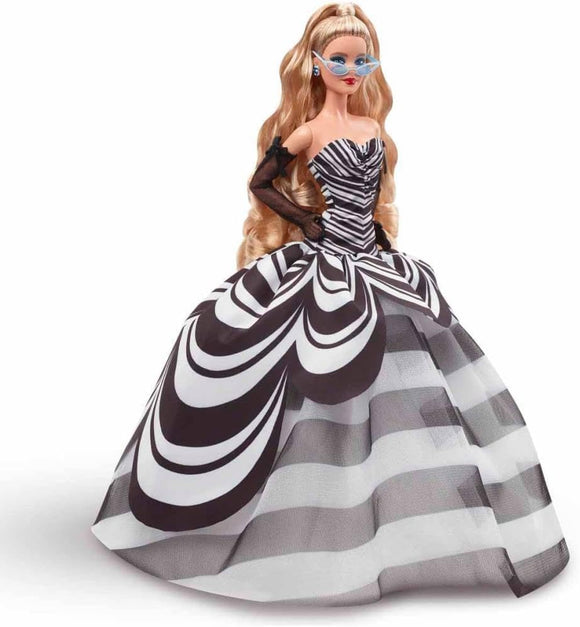 Barbie Signature Doll, 65th Anniversary Collectible with Blonde Hair, Black and White Gown, Sapphire Gem Earrings and Sunglasses, HRM58