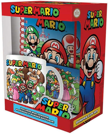  Super Mario Bumper Gift Set with ceramic mug coaster keyring and notebook
