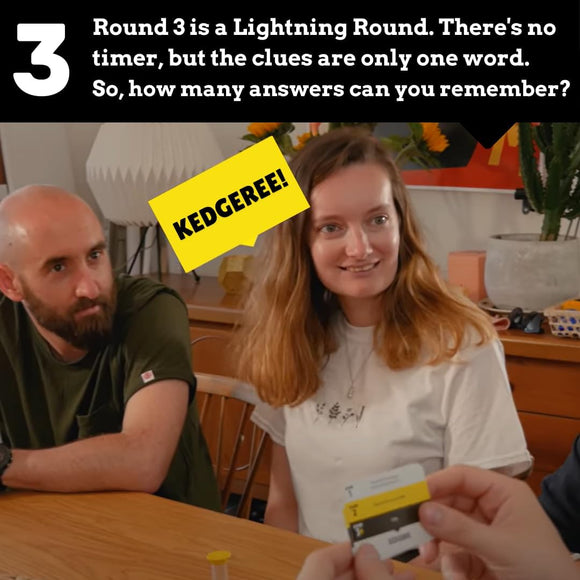 Ridley's Think Fast trivia game with sand timer for timed rounds
