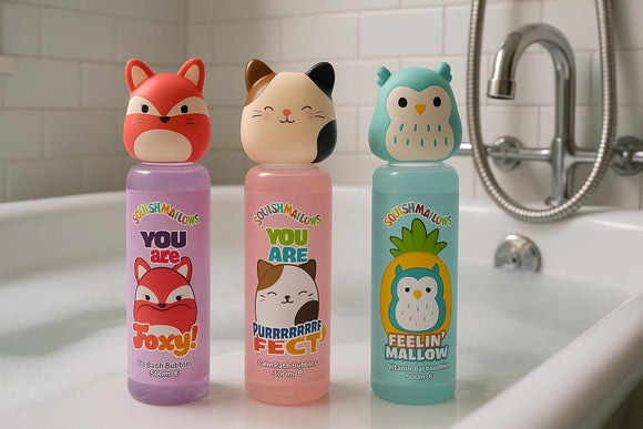 Squishmallows Kids Bubble Bath 3-Pack – 300ml Each – Foxy Fruity, Cam Purrfect, Winston Feelin’ Mallow – Fun Collectible Character Bottles with Squishy Tops