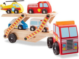 Melissa & Doug Wooden Emergency Vehicle Carrier, Magnetic Wooden Cars & Truck Toy