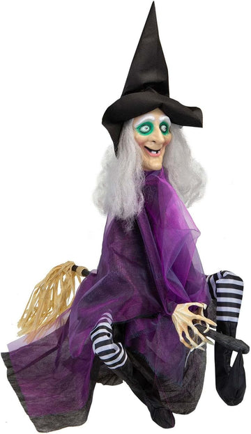 36" Animated Kicking Witch on Broomstick – Halloween Decoration with Batteries Included