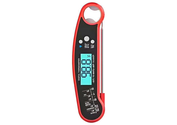 Nozzy BBQ thermometer with red and black digital design
