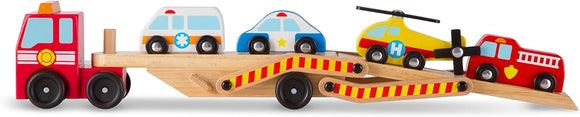 Melissa & Doug Wooden Emergency Vehicle Carrier, Magnetic Wooden Cars & Truck Toy