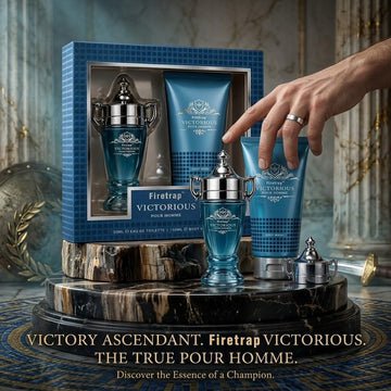  Firetrap Victorious Pour Homme 50ml Eau de Toilette trophy-shaped blue glass bottle
