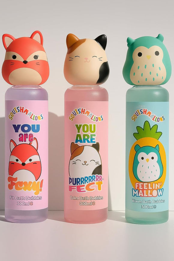 Squishmallows Kids Bubble Bath 3-Pack – 300ml Each – Foxy Fruity, Cam Purrfect, Winston Feelin’ Mallow – Fun Collectible Character Bottles with Squishy Tops