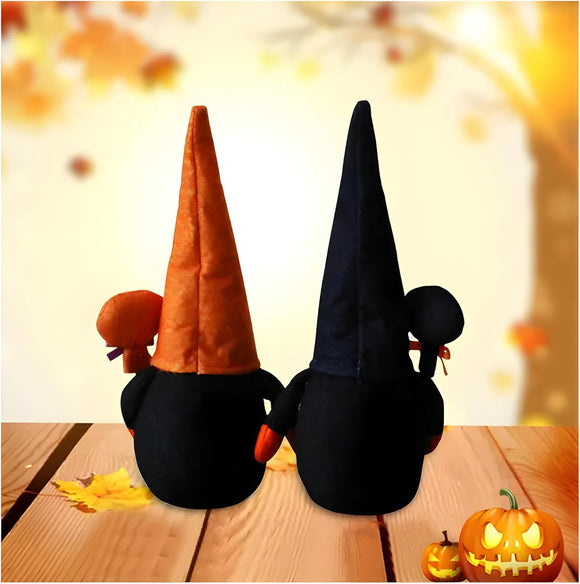 Spooky Cute! Set of 2 Halloween Gnome Couple | Jack-O'-Lantern Hat Plush Decor