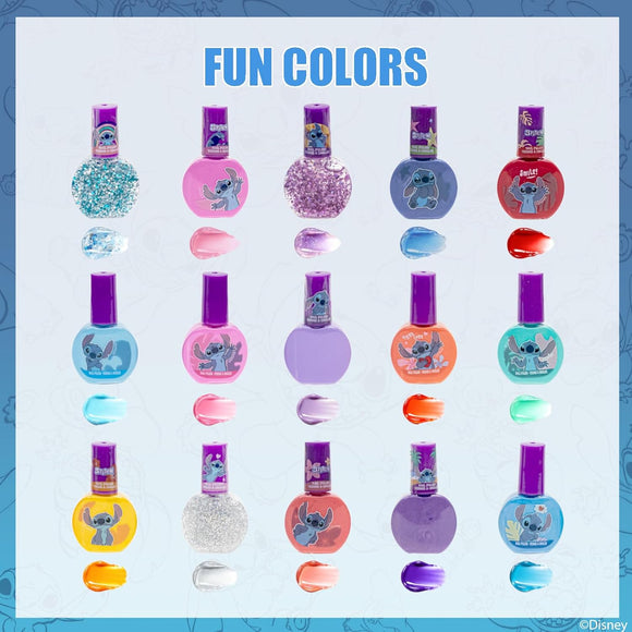 Townley Girl Disney Stitch 15 Piece Water-Based Kids Nail Polish Set with 2 Toe Spacers, 1 Nail File, Quick Dry, Peel Off, Gift Kit Set for Kids Girls, Ages 3