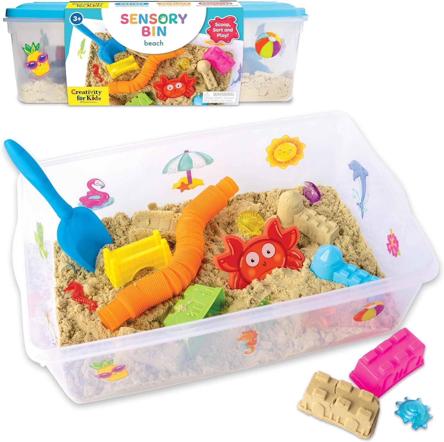 Creativity for Kids Sensory Beach Bin - Sandbox Toys for Kids & Toddlers, Indoor Alternative with Kinetic Sand, Molds, Shovel & Accessories for Imaginative Play