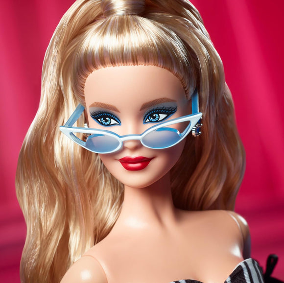 Barbie Signature Doll, 65th Anniversary Collectible with Blonde Hair, Black and White Gown, Sapphire Gem Earrings and Sunglasses, HRM58