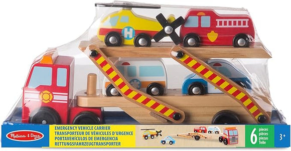 Melissa & Doug Wooden Emergency Vehicle Carrier, Magnetic Wooden Cars & Truck Toy