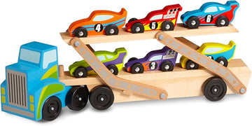 Melissa & Doug Mega Race-Car Carrier - Wooden Tractor and Trailer With 6 Unique Race Cars
