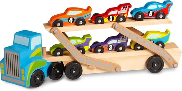 Melissa & Doug Mega Race-Car Carrier - Wooden Tractor and Trailer With 6 Unique Race Cars