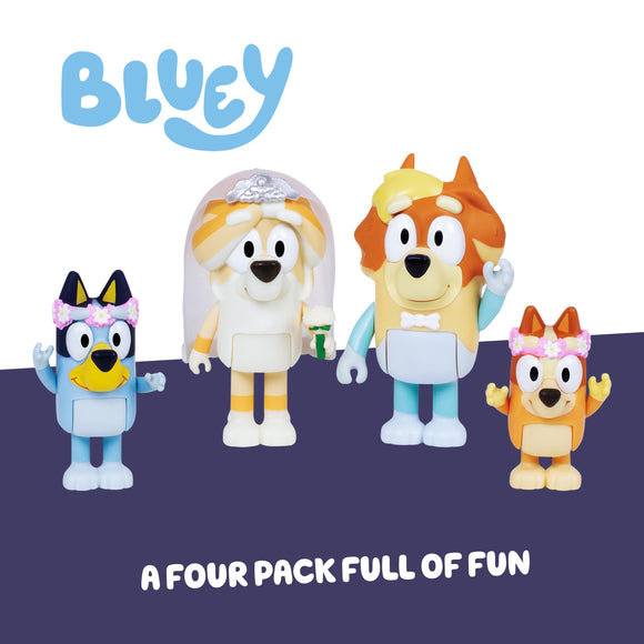 Bluey Wedding Figures Pack of 4, Articulated Character Toys with Uncle Rad, Frisky, and Flower Bingo Figurines, Action Figures for Kids Ages 3+