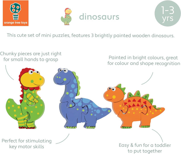 Dinosaur Mini Wooden Puzzles - Set of 3 My First Puzzles - Wooden Toys for 1 - 3 Year Old Orange Tree Toys