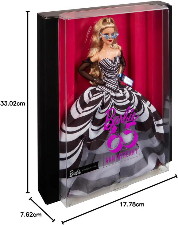 Barbie Signature Doll, 65th Anniversary Collectible with Blonde Hair, Black and White Gown, Sapphire Gem Earrings and Sunglasses, HRM58