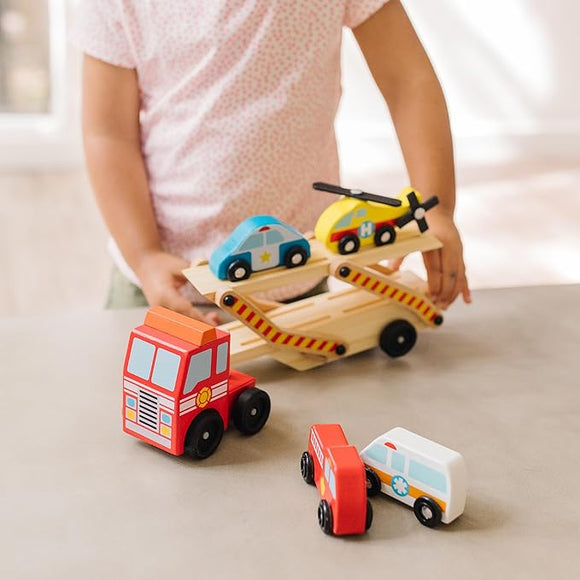 Melissa & Doug Wooden Emergency Vehicle Carrier, Magnetic Wooden Cars & Truck Toy