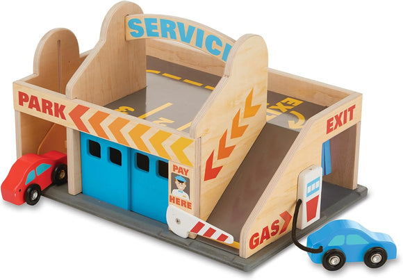Melissa & Doug Service Station Parking Garage With 2 Wooden Cars and Drive-Thru Car Wash