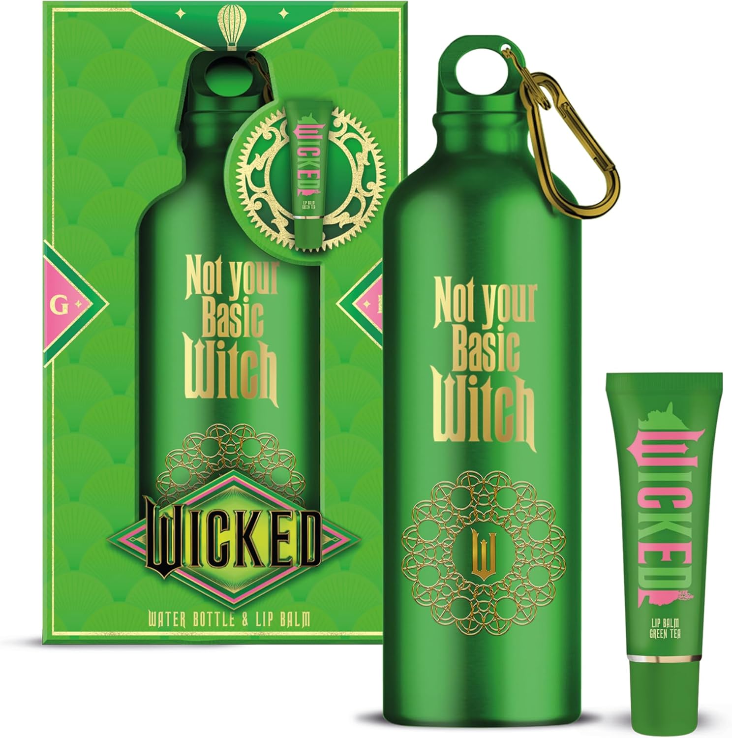Wicked Gift Set "Not Your Basic Witch" Green 750m Water Bottle & Lip Balm - 0