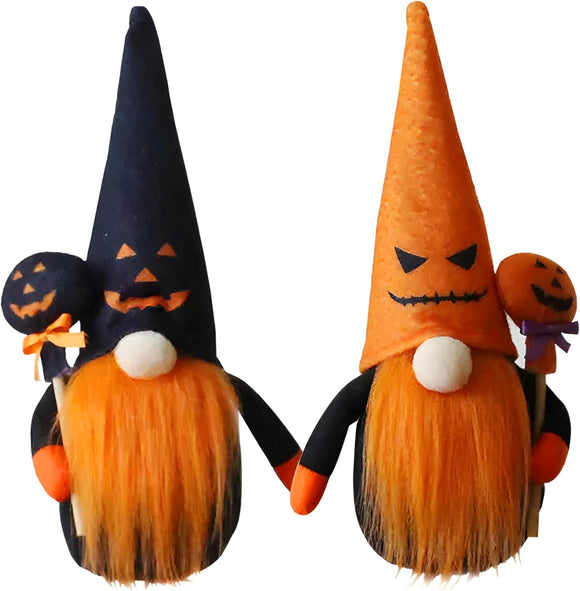 Spooky Cute! Set of 2 Halloween Gnome Couple | Jack-O'-Lantern Hat Plush Decor