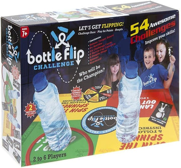 Bottle Flip Challenge family party game with 54 challenges for 2 to 6 players ages 7+