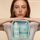  Body care gift set with exfoliating mitt and clear zip-up toiletry bag
