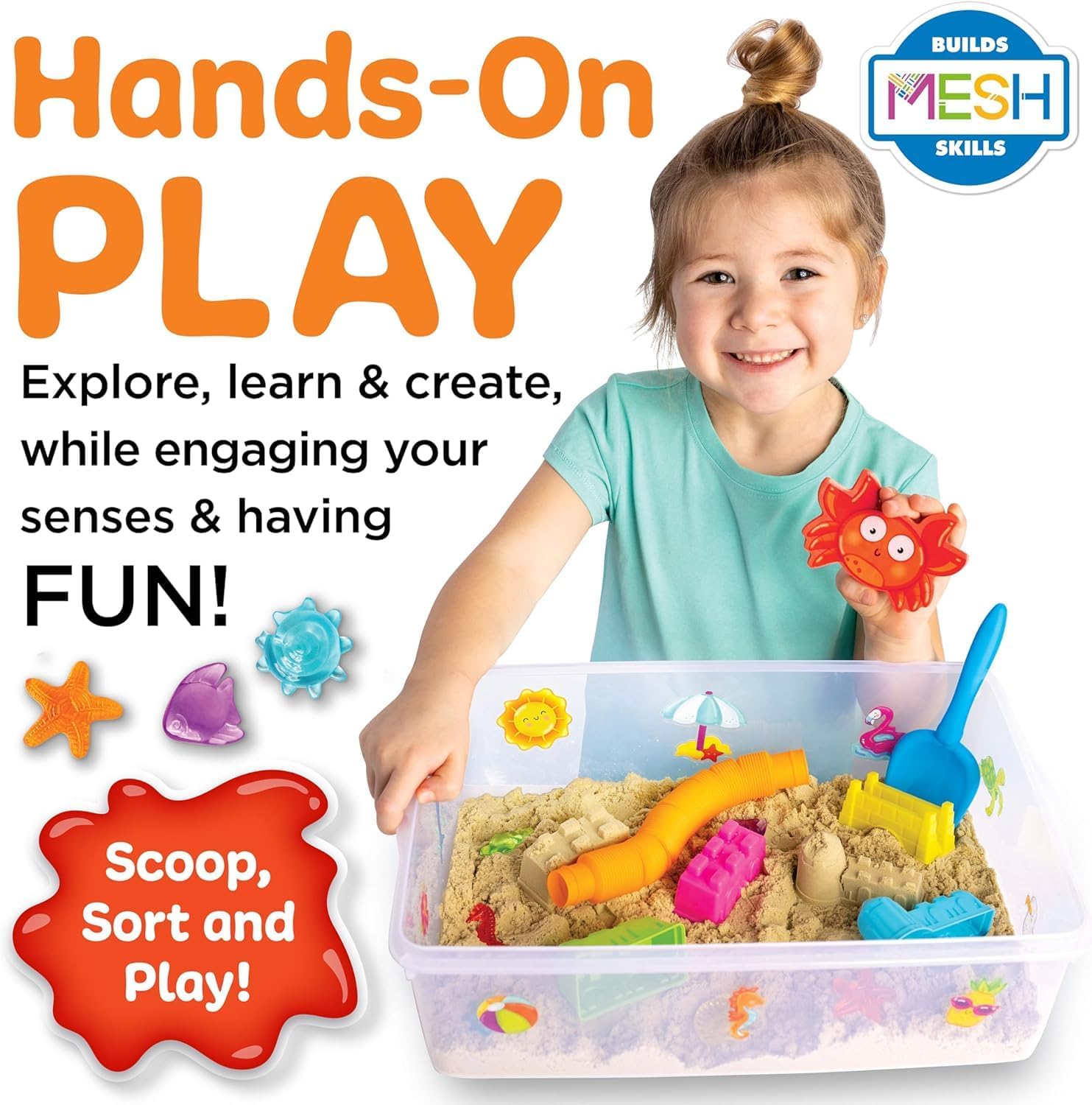 Creativity for Kids Sensory Beach Bin - Sandbox Toys for Kids & Toddlers, Indoor Alternative with Kinetic Sand, Molds, Shovel & Accessories for Imaginative Play