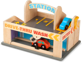 Melissa & Doug Service Station Parking Garage With 2 Wooden Cars and Drive-Thru Car Wash