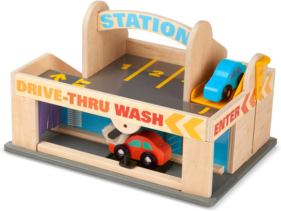 Melissa & Doug Service Station Parking Garage With 2 Wooden Cars and Drive-Thru Car Wash
