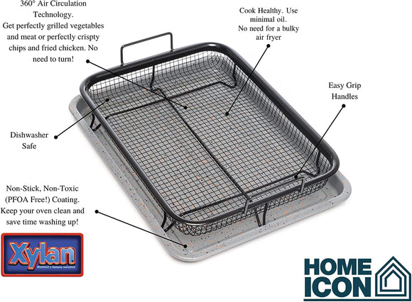 Home Icon Non-Stick Oven Crisper Tray & Basket 2-Piece Set – Air Fryer Style Crispy Cooking Basket