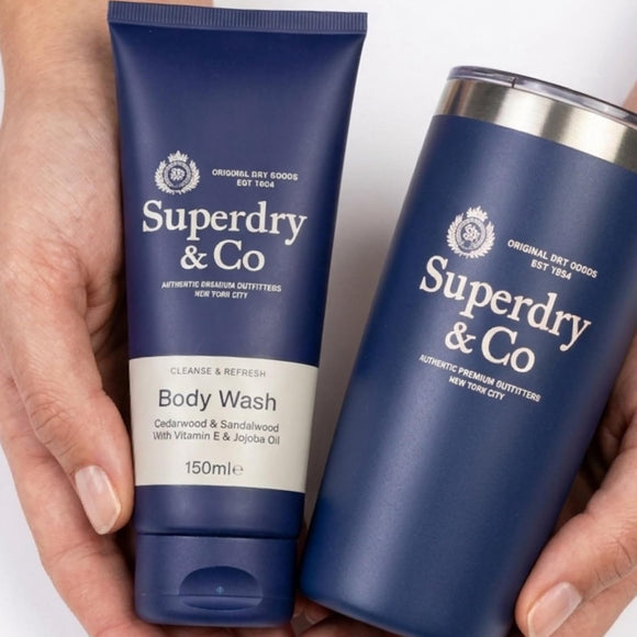 Superdry & Co navy and cream branded gift box packaging
