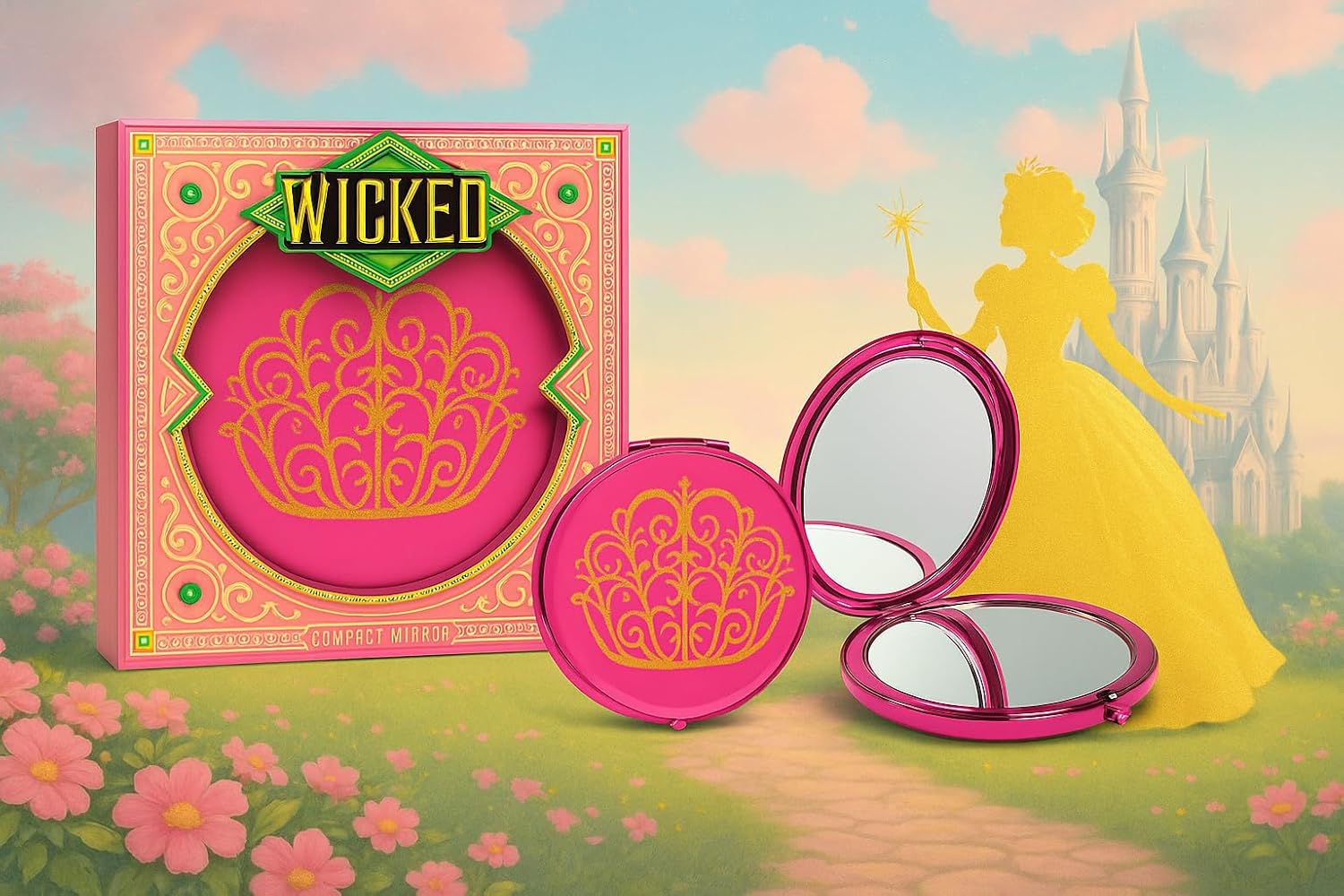 Official Wicked Gift Collection - Green Cosmetic Makeup Bag + Pink Compact Mirror
