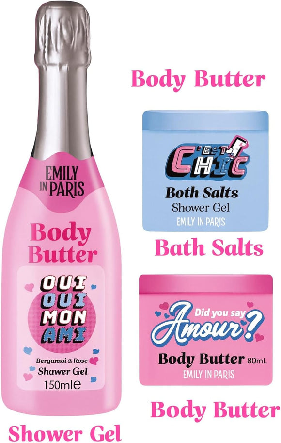 EMILY IN PARIS 150ML SHIMMER SHOWER GEL, 80ML BODY BUTTER, 100G BATH SALTS