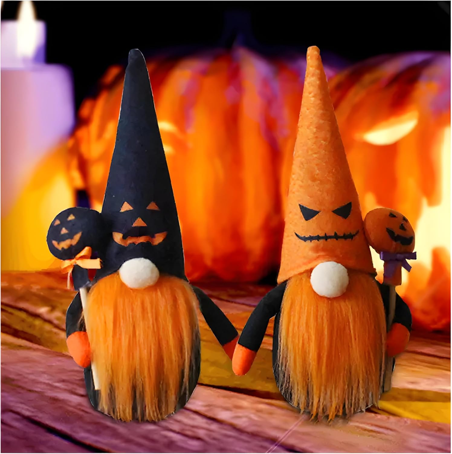 Spooky Cute! Set of 2 Halloween Gnome Couple | Jack-O'-Lantern Hat Plush Decor
