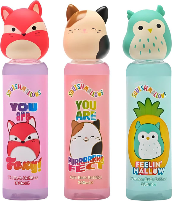 Squishmallows Kids Bubble Bath 3-Pack – 300ml Each – Foxy Fruity, Cam Purrfect, Winston Feelin’ Mallow – Fun Collectible Character Bottles with Squishy Tops
