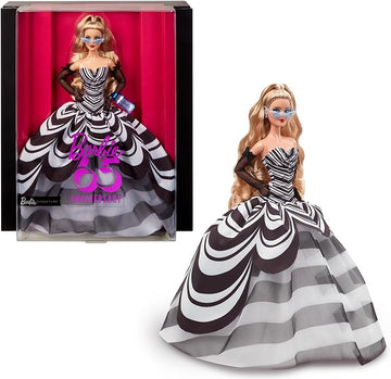 Barbie Signature Doll, 65th Anniversary Collectible with Blonde Hair, Black and White Gown, Sapphire Gem Earrings and Sunglasses, HRM58