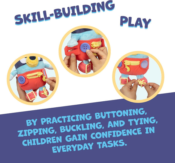 Dress & Play Baby Bluey Plush, Button, Zip, Buckle and Tie, Learn to Dress Dolls for Toddlers Ages 3+, Fine Motor Skills Buckle Toys