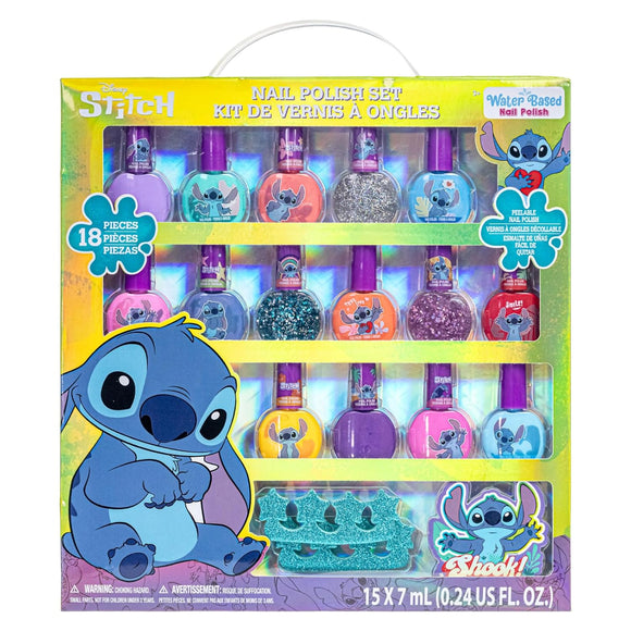 Townley Girl Disney Stitch 15 Piece Water-Based Kids Nail Polish Set with 2 Toe Spacers, 1 Nail File, Quick Dry, Peel Off, Gift Kit Set for Kids Girls, Ages 3