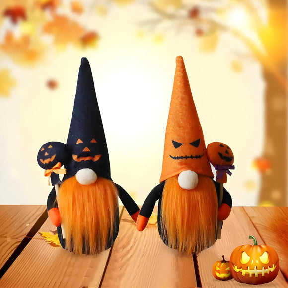 Spooky Cute! Set of 2 Halloween Gnome Couple | Jack-O'-Lantern Hat Plush Decor