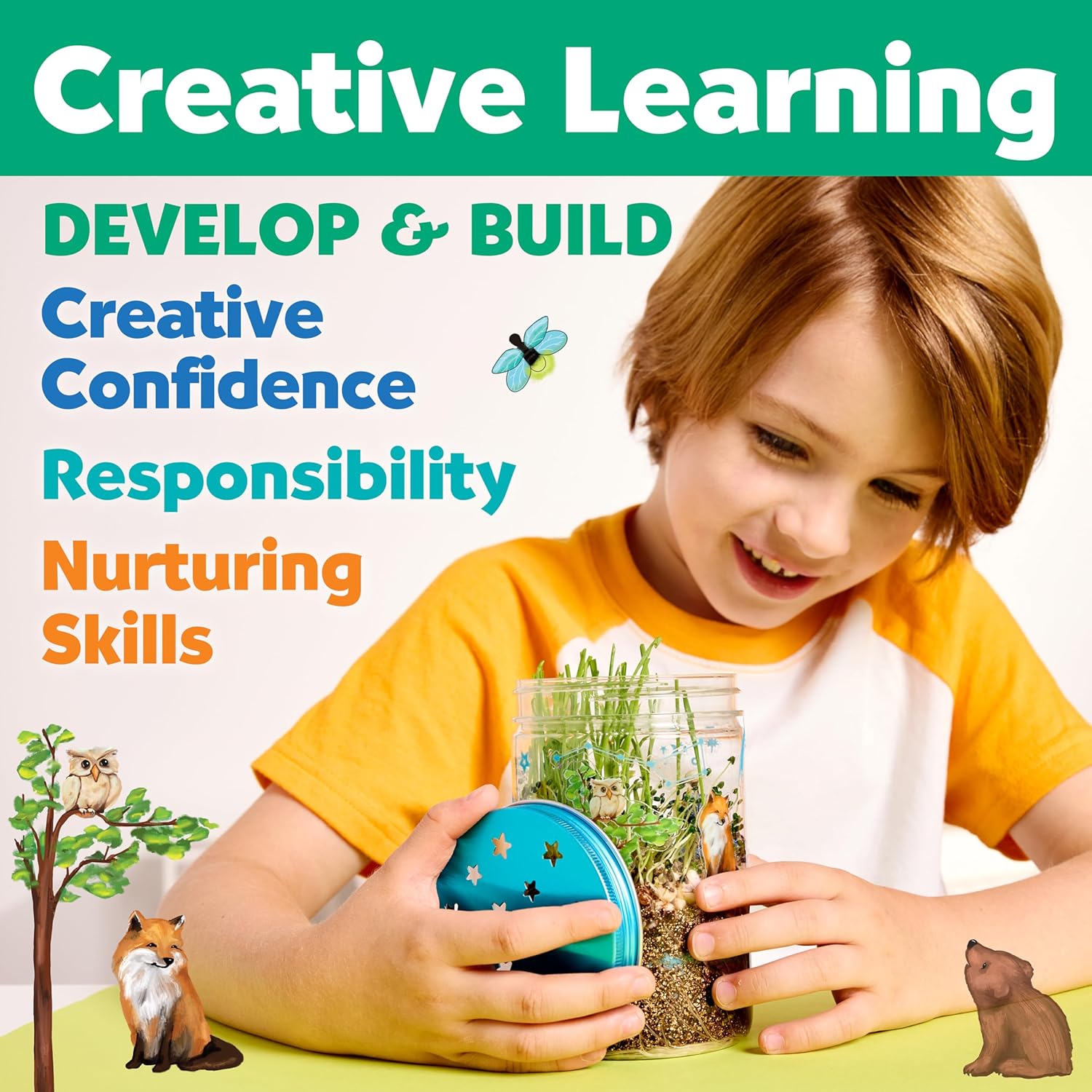 Creativity for Kids Grow ‘N Glow Terrarium Kit – DIY Miniature Garden with Glow-in-The-Dark Stickers, Figurines & Chia Seeds – Grow in 3-4 Days, STEM Gardening Craft for Kids Ages 6+