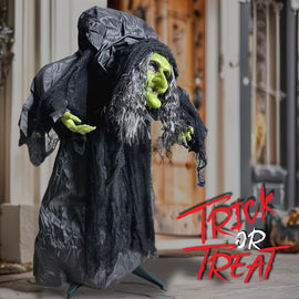 Animated Hunchback Witch with Black Cloak, 36" Spooky Moving Figure - 0