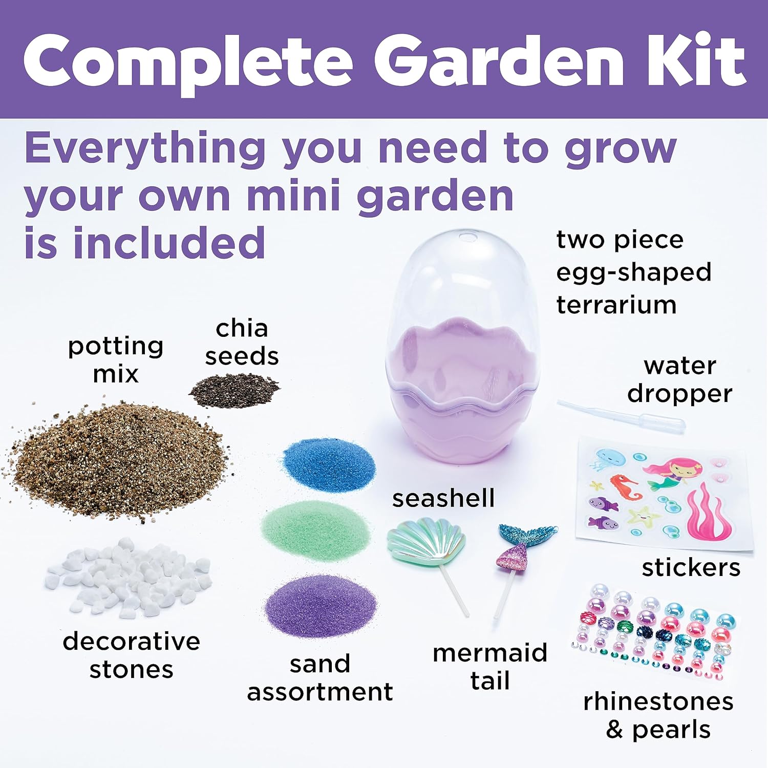 Creativity for Kids Mini Garden Mermaid Kit - Grow Your Own Chia Seed Garden Sand, Stickers, Sparkly Pearls & Mermaid Figurines Ages 6+