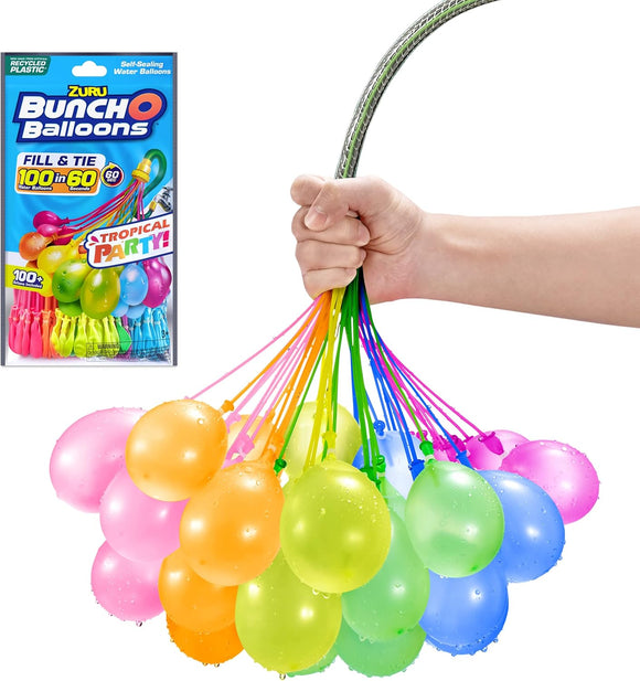 Tropical Party Bunch O Balloons 100 Rapid-Filling Self-Sealing Water Balloons, Foilbag (3 Stems)- 1 Pack, 3 Bunches, 100 Self-tying, Rapid-Fill Water Balloons