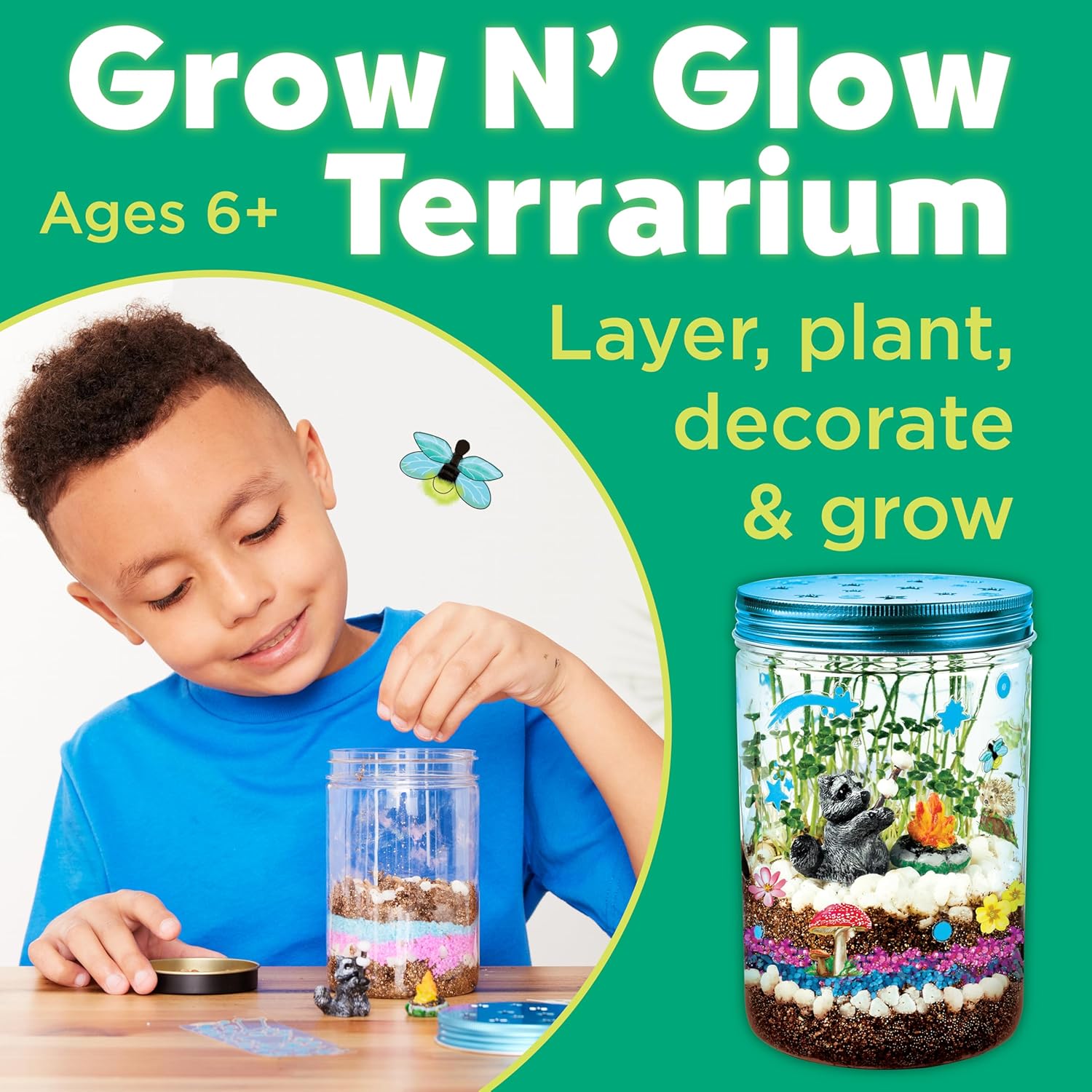 Creativity for Kids Grow ‘N Glow Terrarium Kit – DIY Miniature Garden with Glow-in-The-Dark Stickers, Figurines & Chia Seeds – Grow in 3-4 Days, STEM Gardening Craft for Kids Ages 6+ - 0