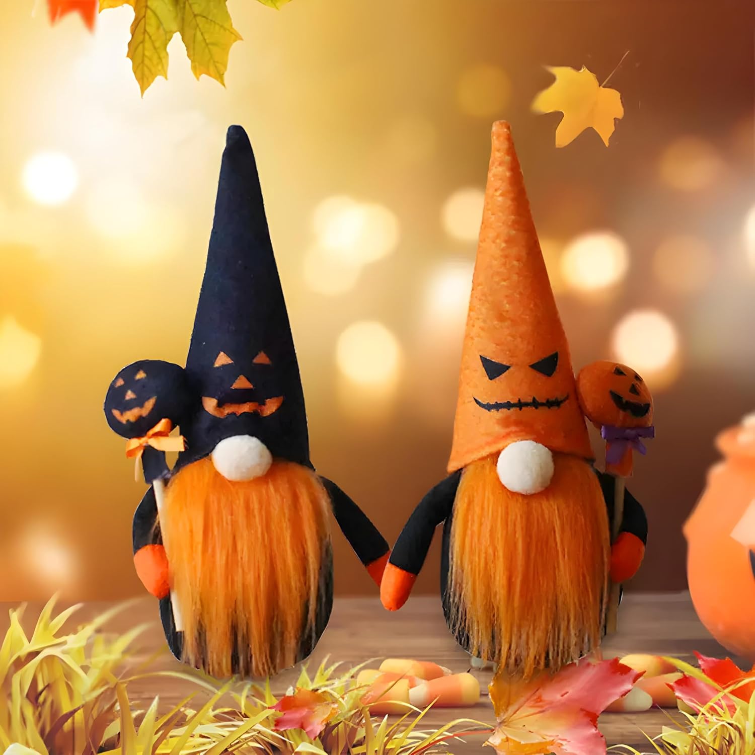 Spooky Cute! Set of 2 Halloween Gnome Couple | Jack-O'-Lantern Hat Plush Decor - 0
