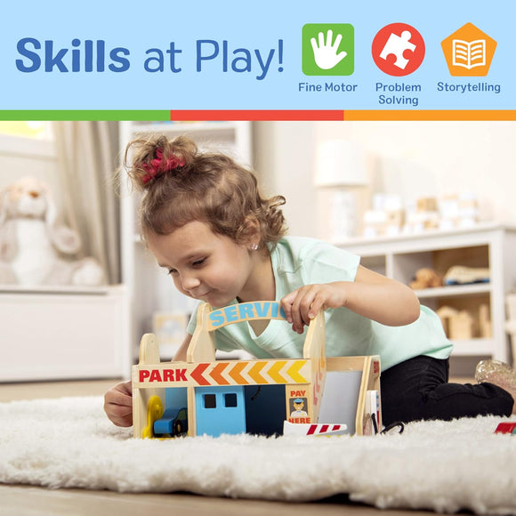 Melissa & Doug Service Station Parking Garage With 2 Wooden Cars and Drive-Thru Car Wash