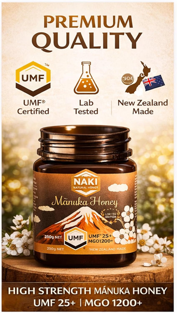 NAKI Manuka Honey Certified 100% New Zealand Honey UMF 25+ | MGO 1200 | 250 grams