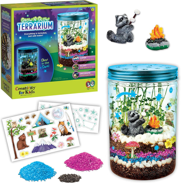 Creativity for Kids Grow ‘N Glow Terrarium Kit – DIY Miniature Garden with Glow-in-The-Dark Stickers, Figurines & Chia Seeds – Grow in 3-4 Days, STEM Gardening Craft for Kids Ages 6+